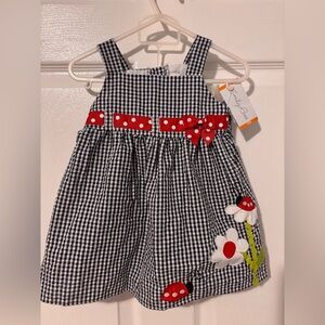 NWT Emily Rose Navy Gingham Dress with Red Polka Dot Bow and Flower Accents